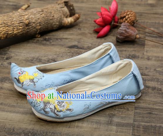 Chinese Embroidered Lion Blue Shoes Hanfu Shoes Women Shoes Opera Shoes Princess Shoes