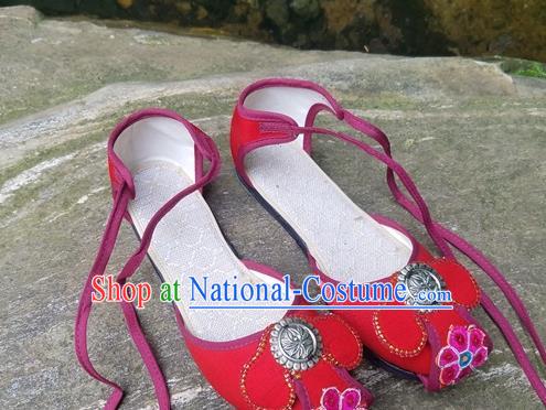 Traditional Chinese Yunnan National Red Shoes Women Shoes Embroidered Sandal