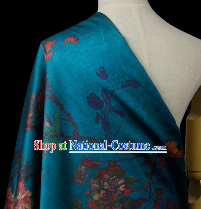 Chinese Classical Pomegranate Flower Pattern Design Blue Silk Fabric Asian Traditional Hanfu Mulberry Silk Material