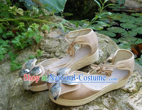 Traditional Chinese Handmade Flaxen Wedge Heel Shoes Women Yunnan National Shoes Embroidered Sandal