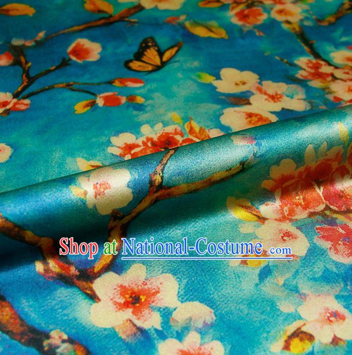 Chinese Classical Peach Flower Pattern Design Blue Silk Fabric Asian Traditional Hanfu Mulberry Silk Material