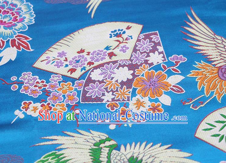 Chinese Classical Crane Plum Pattern Design Blue Brocade Fabric Asian Traditional Hanfu Satin Material