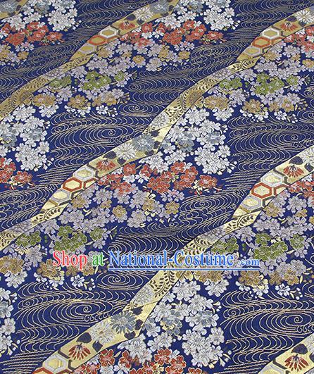 Chinese Classical Sakura Pattern Design Deep Blue Brocade Fabric Asian Traditional Hanfu Satin Material