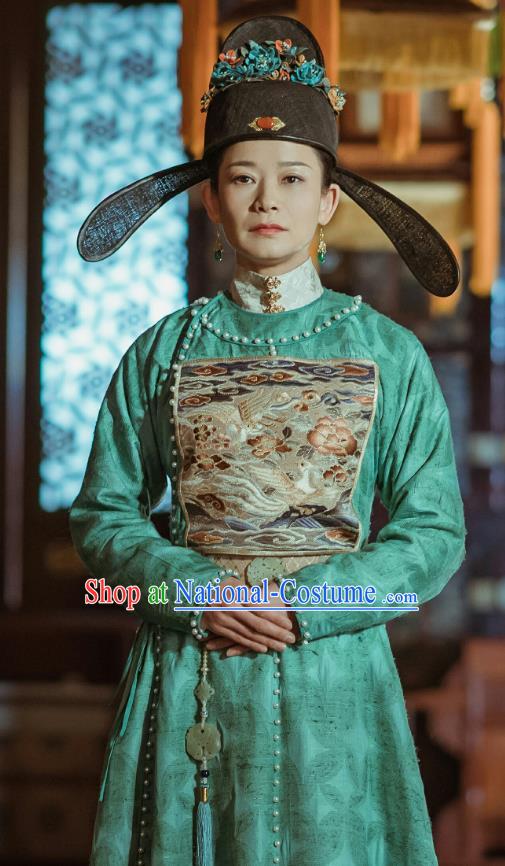 Ancient Chinese Drama Ming Dynasty Court Female Official Hu Shangyi Replica Costumes and Headpiece Complete Set