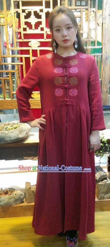 Traditional Chinese Embroidered Red Flax Dust Coat Handmade National Overcoat Costume for Women