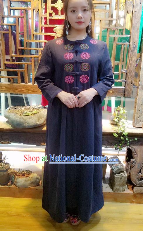 Traditional Chinese Embroidered Black Flax Dust Coat Handmade National Overcoat Costume for Women