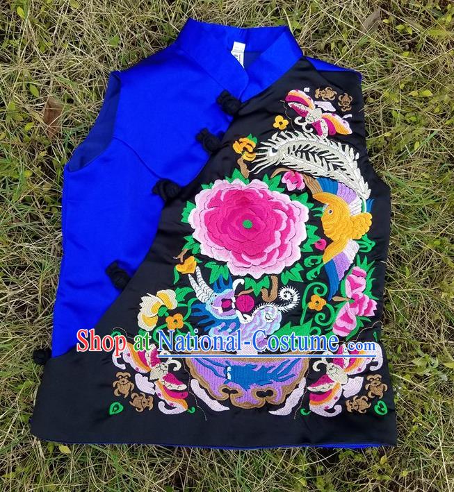 Traditional Chinese Embroidered Peony Royalblue Vest Handmade National Upper Outer Garment Costume for Women