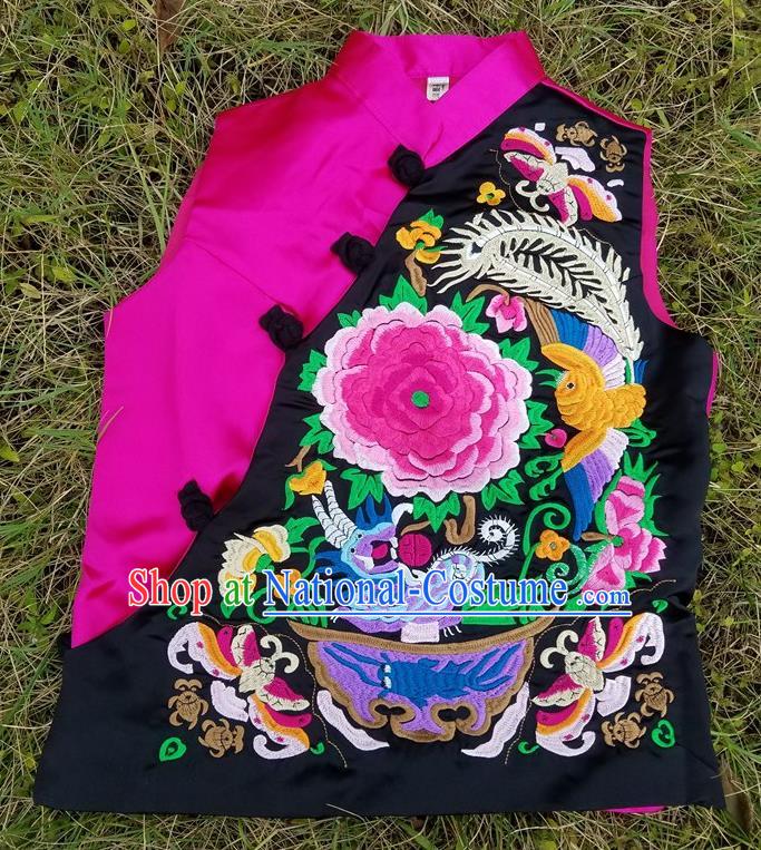 Traditional Chinese Embroidered Peony Rosy Vest Handmade National Upper Outer Garment Costume for Women