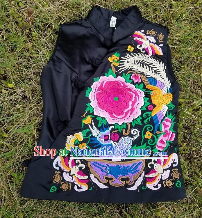 Traditional Chinese Embroidered Peony Black Vest Handmade National Upper Outer Garment Costume for Women