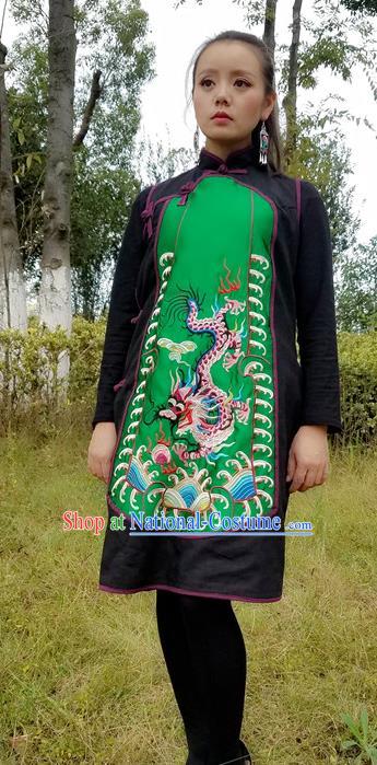 Traditional Chinese Embroidered Dragon Green Dress National Sleeveless Cheongsam Costume for Women