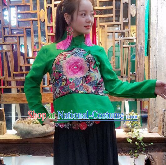 Traditional Chinese Embroidered Peony Green Shirt National Cheongsam Blouse Costume for Women