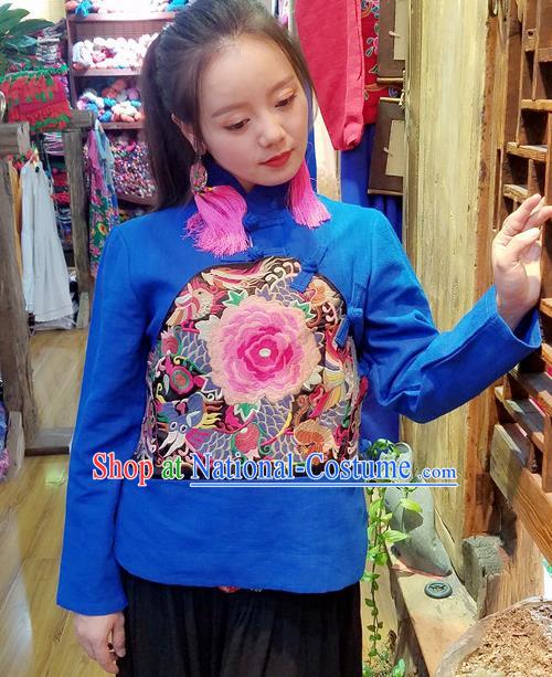 Traditional Chinese Embroidered Peony Blue Shirt National Cheongsam Blouse Costume for Women