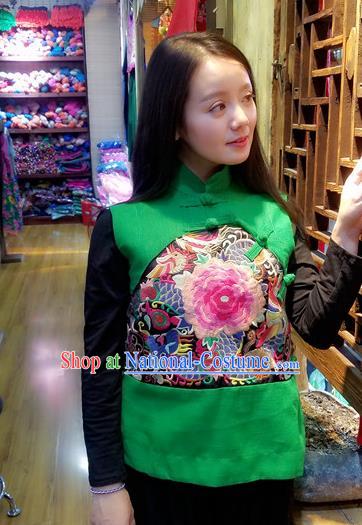 Traditional Chinese Green Flax Vest National Embroidered Peony Waistcoat Costume for Women