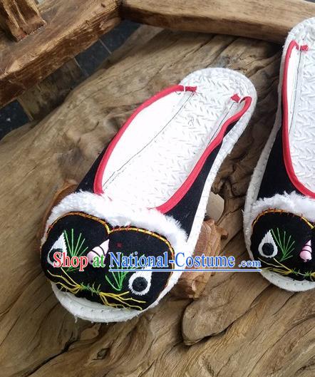 Traditional Chinese Ethnic Embroidered Tiger Black Slippers Handmade National Shoes Hanfu Shoes for Women