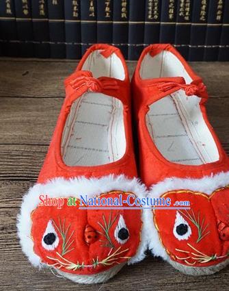 Traditional Chinese Ethnic Embroidered Tiger Red Slippers Handmade National Shoes Hanfu Shoes for Women