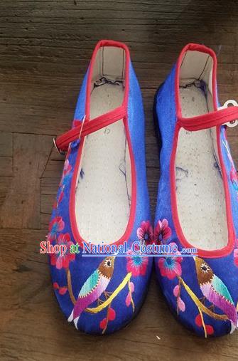 Traditional Chinese Ethnic Embroidered Flower Bird Blue Shoes National Shoes Hanfu Shoes for Women