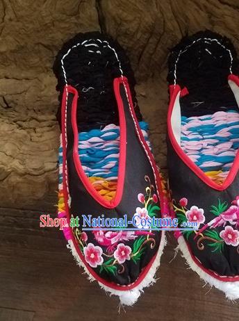 Traditional Chinese Embroidered Flowers Bird Black Slippers Handmade Ethnic National Shoes Hanfu Shoes for Women