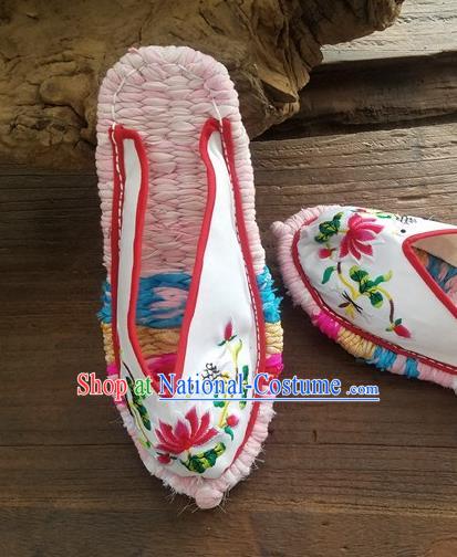 Traditional Chinese Embroidered Lotus White Slippers Handmade Ethnic National Shoes Hanfu Shoes for Women