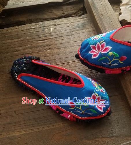 Traditional Chinese Embroidered Lotus Blue Slippers Handmade Ethnic National Shoes Hanfu Shoes for Women