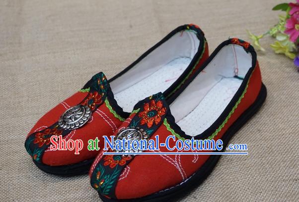 Traditional Chinese Ethnic Female Red Shoes Handmade Yunnan National Shoes Hanfu Shoes for Women