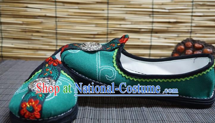 Traditional Chinese Ethnic Female Green Shoes Handmade Yunnan National Shoes Hanfu Shoes for Women