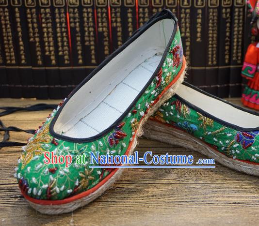 Traditional Chinese Ethnic Green Embroidered Beads Shoes Handmade Yunnan National Shoes Wedding Shoes for Women