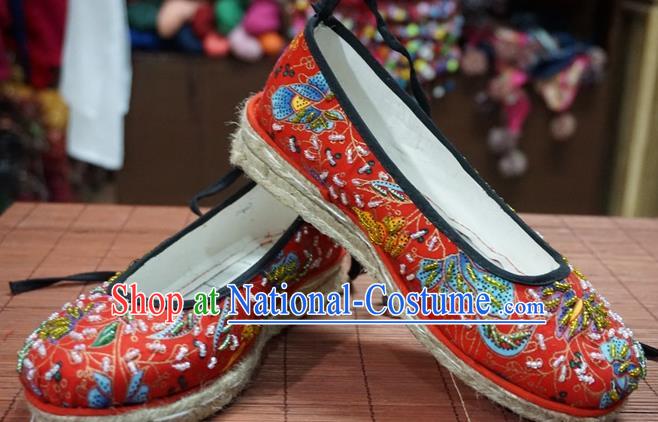 Traditional Chinese Ethnic Red Embroidered Beads Shoes Handmade Yunnan National Shoes Wedding Shoes for Women