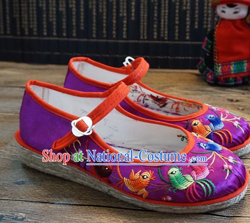 Traditional Chinese Ethnic Embroidered Magpie Purple Shoes Handmade Yunnan National Shoes Wedding Shoes for Women