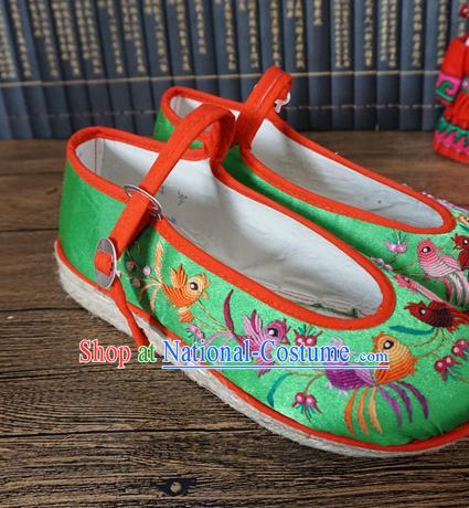 Traditional Chinese Ethnic Embroidered Magpie Green Shoes Handmade Yunnan National Shoes Wedding Shoes for Women