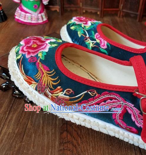 Traditional Chinese National Embroidered Phoenix Peony Peacock Blue Shoes Ethnic Shoes Hanfu Shoes for Women