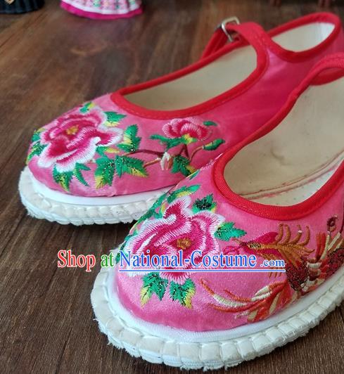 Traditional Chinese National Embroidered Phoenix Peony Pink Shoes Ethnic Shoes Hanfu Shoes for Women