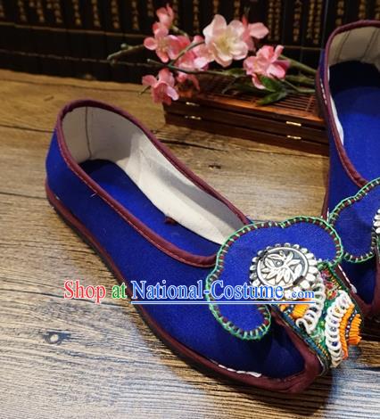 Traditional Chinese Handmade Ethnic Blue Shoes Yunnan National Carving Silver Shoes Embroidered Shoes for Women