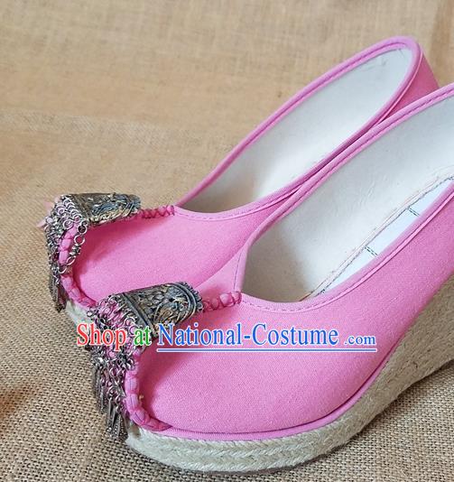 Traditional Chinese Handmade Ethnic Bride Pink Shoes Yunnan National Silver Tassel Shoes Wedding Shoes for Women