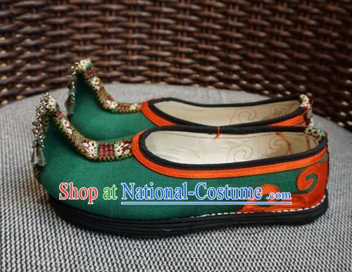 Traditional Chinese Embroidered Ethnic Wedding Green Shoes Yunnan National Shoes for Women