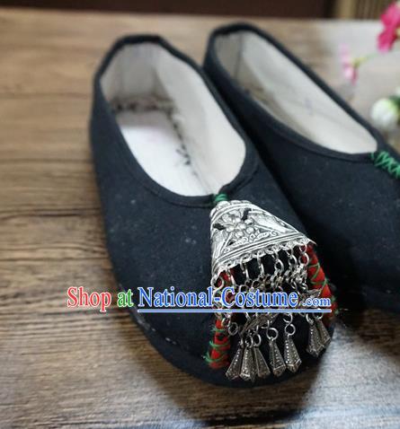 Traditional Chinese Handmade Silver Black Cloth Shoes Yunnan National Shoes Embroidered Shoes for Women