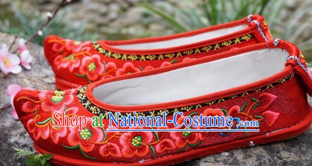 Traditional Chinese Wedding Embroidered Plum Red Shoes National Ethnic Shoes Hanfu Shoes for Women