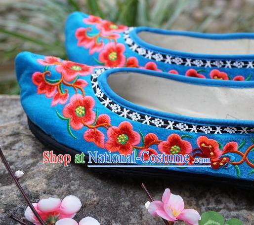 Traditional Chinese Wedding Embroidered Plum Blue Shoes National Ethnic Shoes Hanfu Shoes for Women