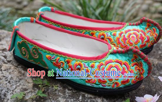 Traditional Chinese Embroidered Peony Green Shoes National Ethnic Wedding Shoes Hanfu Shoes for Women