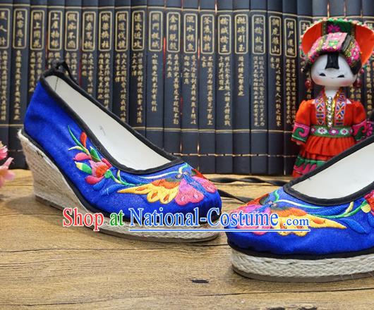 Traditional Chinese Embroidered Butterfly Blue Wedge Shoes National Wedding Shoes Hanfu Shoes for Women