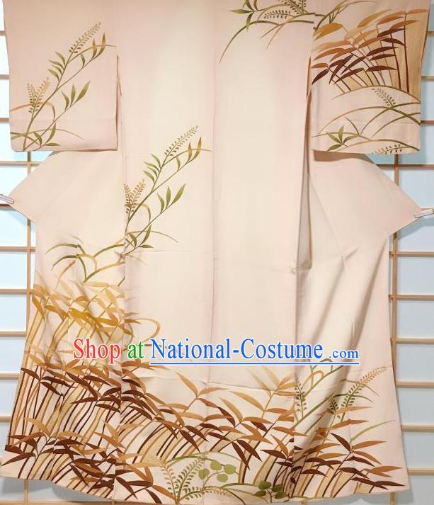 Japanese Traditional Printing Bamboo Leaf Beige Kimono Japan Yukata Dress Costume for Women