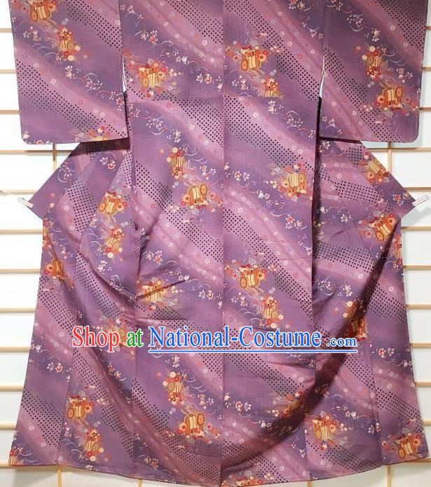 Japanese Traditional Printing Purple Furisode Kimono Japan Yukata Dress Costume for Women