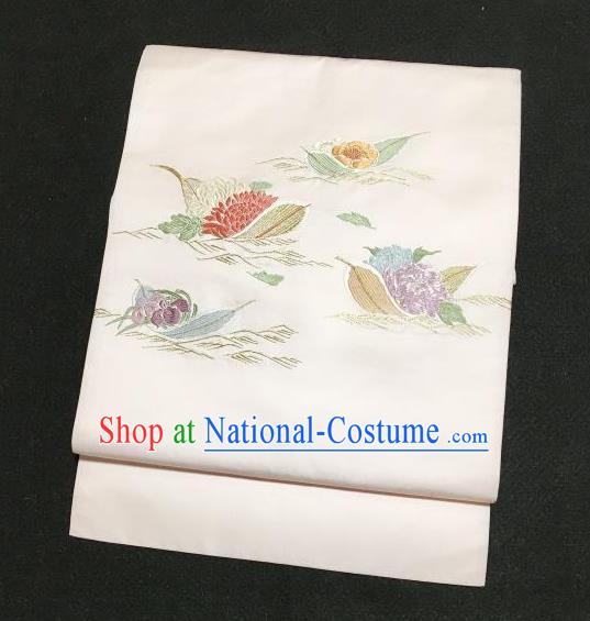 Japanese Traditional Embroidered Chrysanthemum Pattern White Brocade Waistband Japan Kimono Yukata Belt for Women