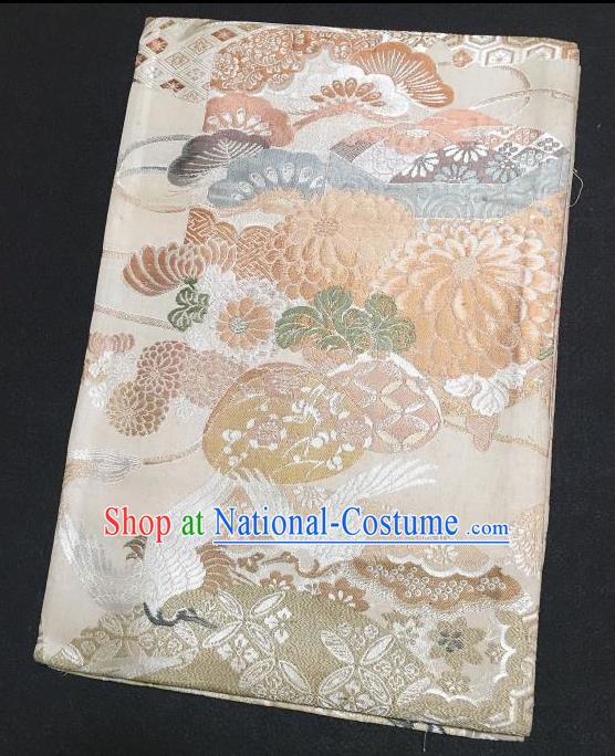 Japanese Traditional Chrysanthemum Crane Pattern Beige Brocade Waistband Japan Kimono Yukata Belt for Women