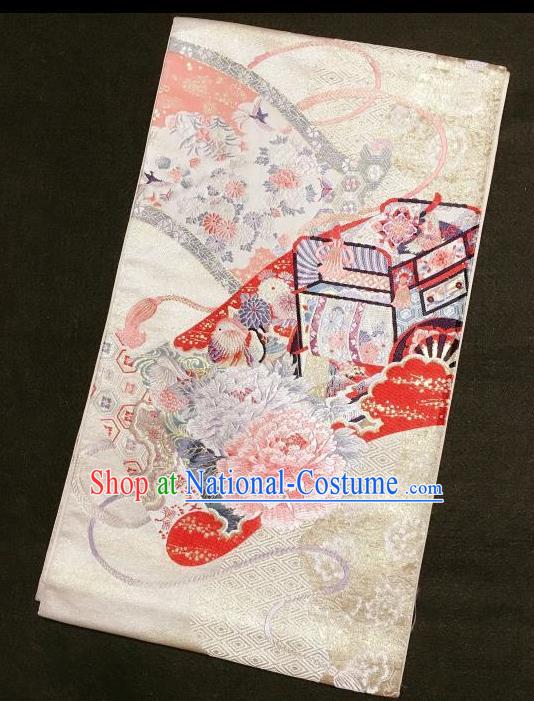 Japanese Traditional Embroidered Peony Mandarin Duck Pattern Beige Brocade Waistband Japan Kimono Yukata Belt for Women