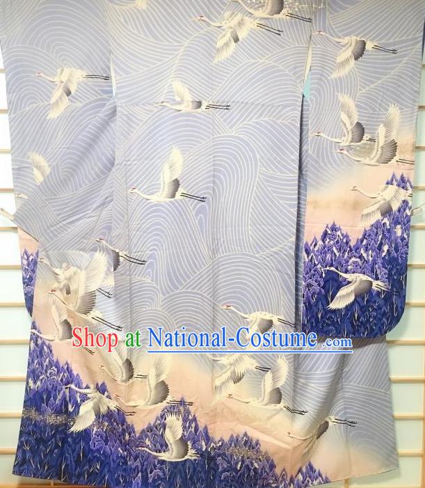 Japanese Traditional Embroidered Crane Blue Furisode Kimono Japan Yukata Dress Costume for Women