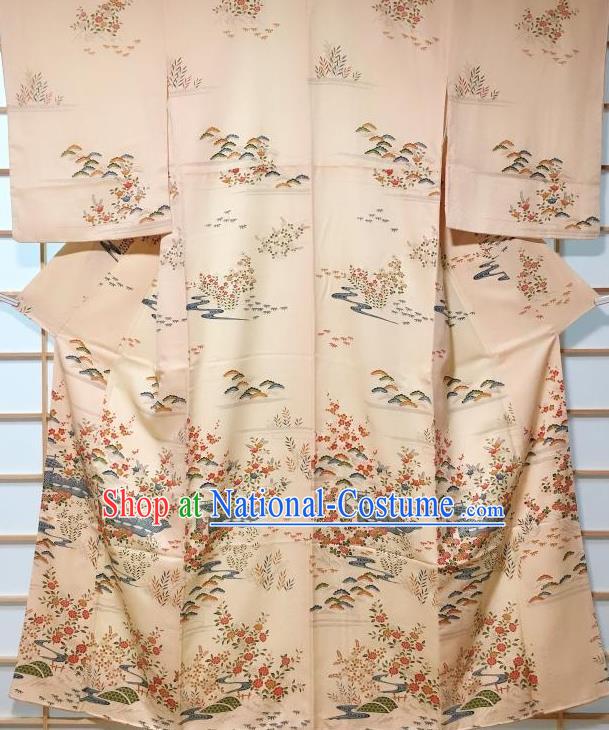 Japanese Traditional Printing Apricot Silk Furisode Kimono Japan Yukata Dress Costume for Women