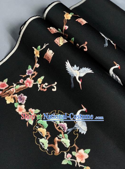 Chinese Classical Embroidered Crane Pattern Design Black Silk Fabric Asian Traditional Hanfu Brocade Material