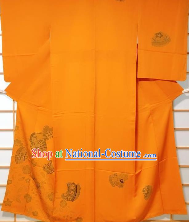 Japanese Traditional Printing Orchid Orange Furisode Kimono Japan Yukata Dress Costume for Women