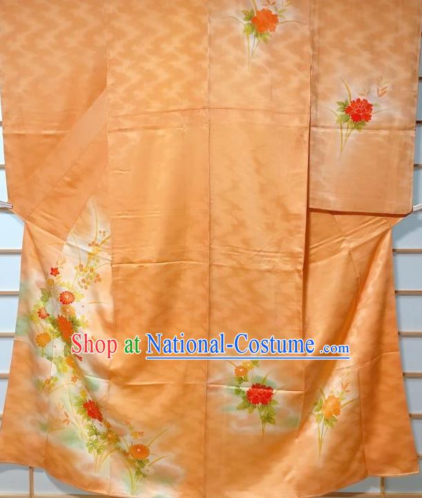 Traditional Japanese Printing Chrysanthemum Peony Orange Furisode Kimono Japan Yukata Dress Costume for Women