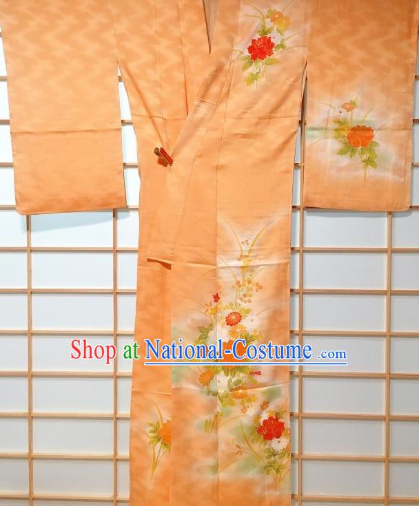 Traditional Japanese Printing Chrysanthemum Peony Orange Furisode Kimono Japan Yukata Dress Costume for Women